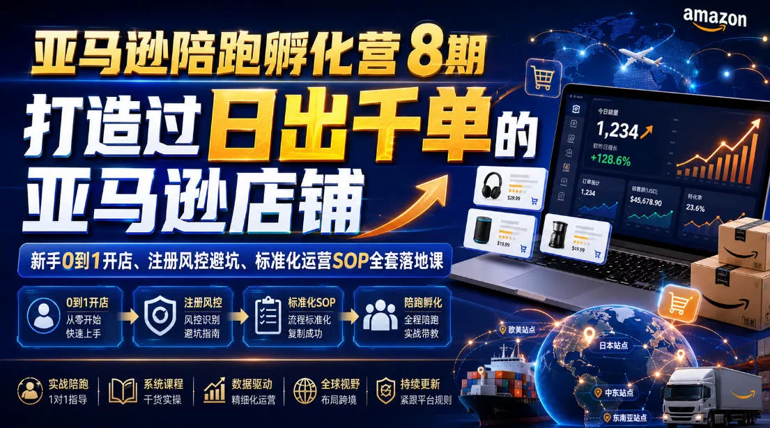 亚马逊陪跑孵化营8期，打造过日出千单的亚马逊店铺，新手0到1开店、注册风控避坑、标准化运营SOP全套落地课 一点学习助手-零基础自学教程-副业项目-兴趣学习-网盘拉新平台-英语启蒙项目资源网