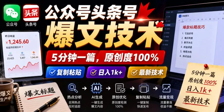 公众号头条号爆文技术，5分钟一篇，原创度100%，复制粘贴，日入1k+，最新技术【揭秘】 一点学习助手-零基础自学教程-副业项目-兴趣学习-网盘拉新平台-英语启蒙项目资源网