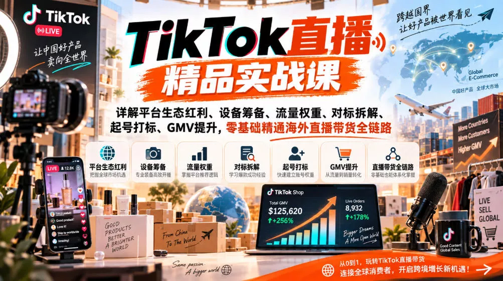 TikTok直播精品实战课，详解平台生态红利、设备筹备、流量权重、对标拆解、起号打标、GMV提升，零基础精通海外直播带货全链路 一点学习助手-零基础自学教程-副业项目-兴趣学习-网盘拉新平台-英语启蒙项目资源网