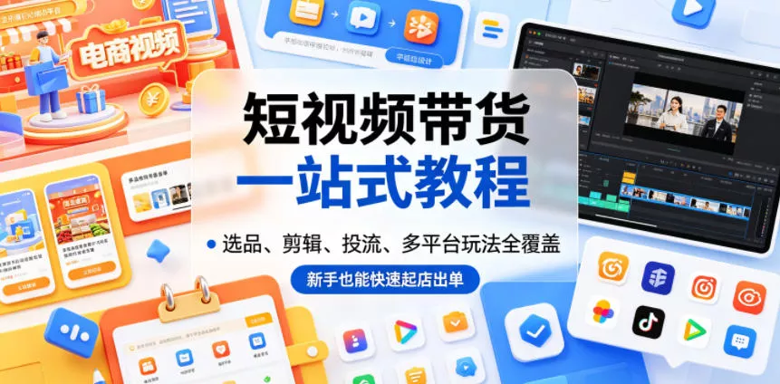 短视频带货一站式教程，选品、剪辑、投流、多平台玩法全覆盖，新手也能快速起店出单 一点学习助手-零基础自学教程-副业项目-兴趣学习项目资源网
