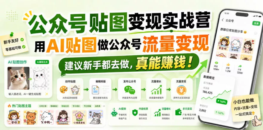 公众号贴图变现实战营，用AI贴图做公众号流量变现，建议新手都去做，真能賺钱！ 一点学习助手-零基础自学教程-副业项目-兴趣学习-网盘拉新平台-英语启蒙项目资源网