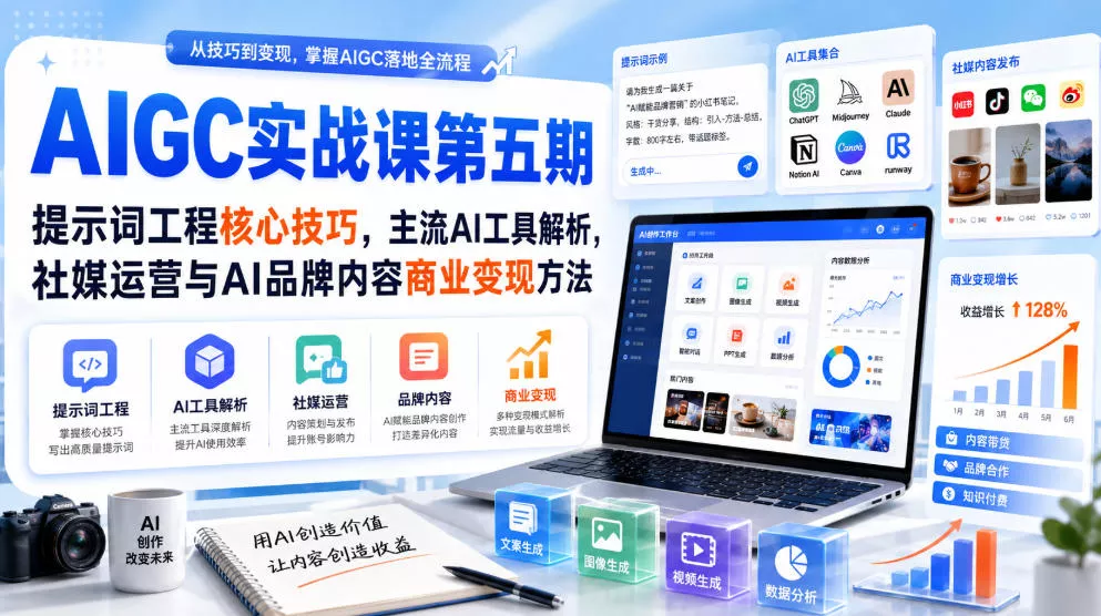 刺猬星球·AIGC实战课第五期，提示词工程核心技巧，主流AI工具解析，社媒运营与AI品牌内容商业变现方法 一点学习助手-零基础自学教程-副业项目-兴趣学习-网盘拉新平台-英语启蒙项目资源网