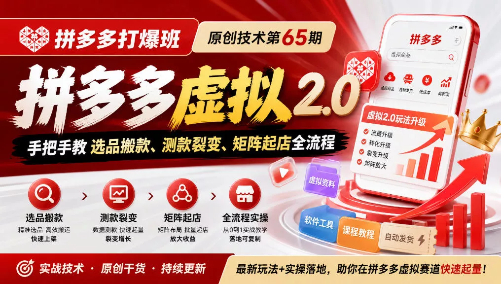 《拼多多打爆班》原创技术第65期，拼多多虚拟2.0，手把手教选品搬款、测款裂变、矩阵起店全流程 一点学习助手-零基础自学教程-副业项目-兴趣学习-网盘拉新平台-英语启蒙项目资源网