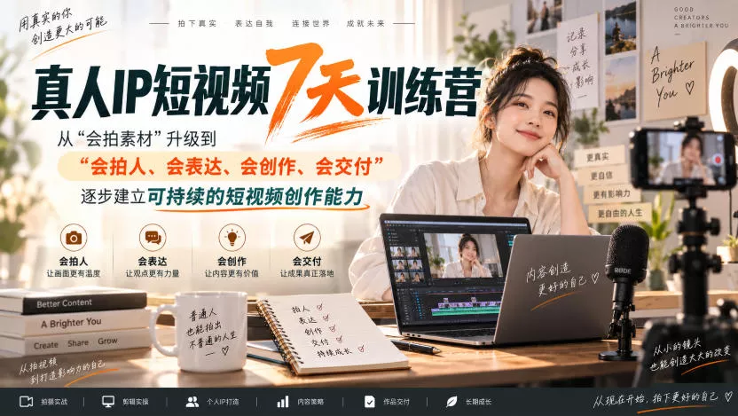 真人IP短视频7天训练营，从“会拍素材”升级到“会拍人、会表达、会创作、会交付”，逐步建立可持续的短视频创作能力 一点学习助手-零基础自学教程-副业项目-兴趣学习-网盘拉新平台-英语启蒙项目资源网