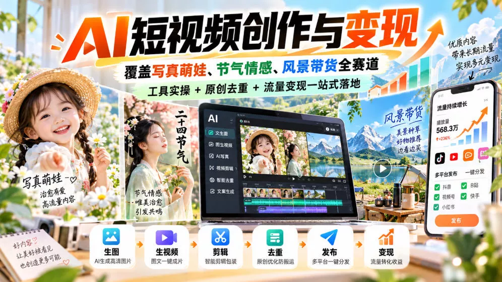 AI短视频创作与变现，覆盖写真萌娃、节气情感、风景带货全赛道，工具实操+原创去重+流量变现一站式落地 一点学习助手-零基础自学教程-副业项目-兴趣学习-网盘拉新平台-英语启蒙项目资源网