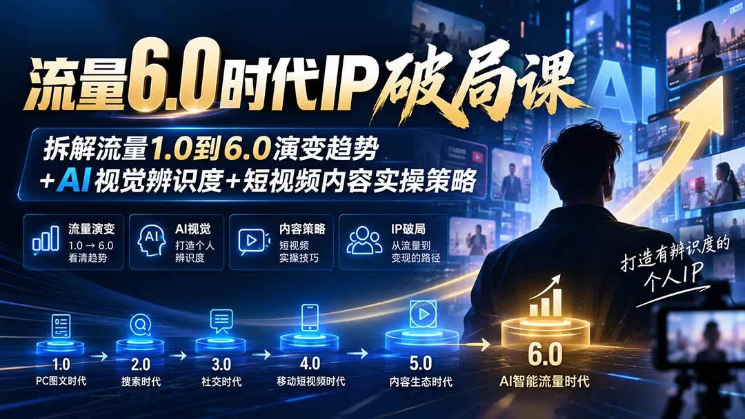 流量6.0时代IP破局课-更新：拆解流量1.0到6.0演变趋势+AI视觉辨识度+短视频内容实操策略 一点学习助手-零基础自学教程-副业项目-兴趣学习-网盘拉新平台-英语启蒙项目资源网