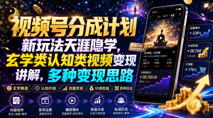视频号分成计划新玩法天涯隐学，玄学类认知类视频变现讲解，多种变现思路 一点学习助手-零基础自学教程-副业项目-兴趣学习-网盘拉新平台-英语启蒙项目资源网