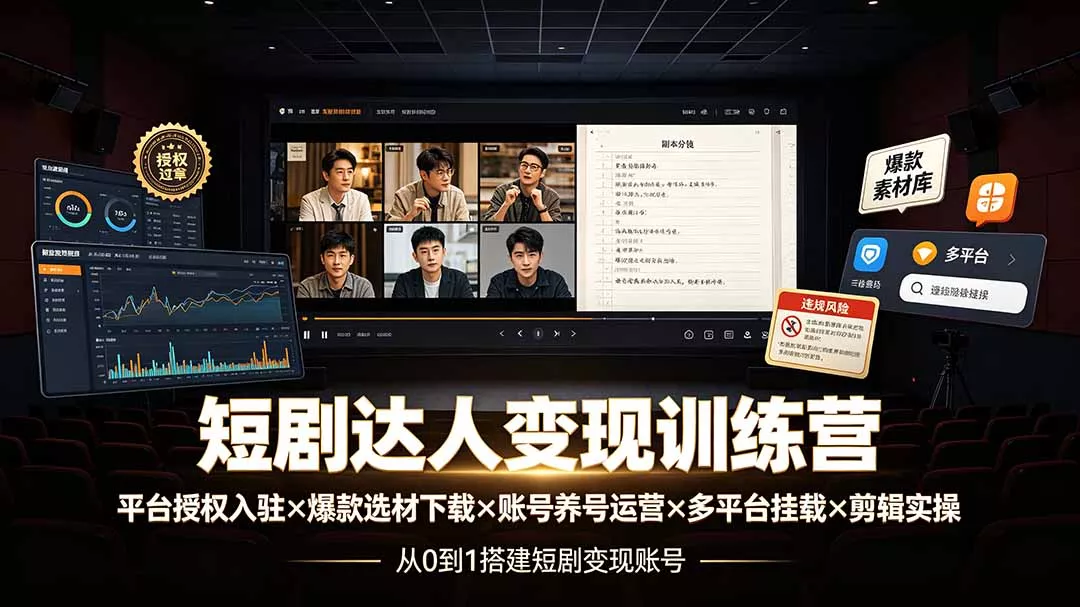 短剧达人变现训练营：平台授权入驻×爆款选材下载×账号养号运营×多平台挂载×剪辑实操×违规处理全流程 一点学习助手-零基础自学教程-副业项目-兴趣学习-网盘拉新平台-英语启蒙项目资源网