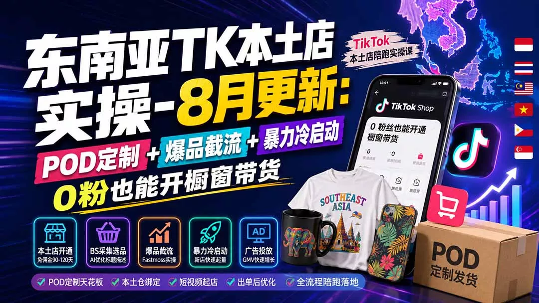 东南亚TK本土店实操-8月更新：POD定制+爆品截流+暴力冷启动，0粉也能开橱窗带货 一点学习助手-零基础自学教程-副业项目-兴趣学习-网盘拉新平台-英语启蒙项目资源网