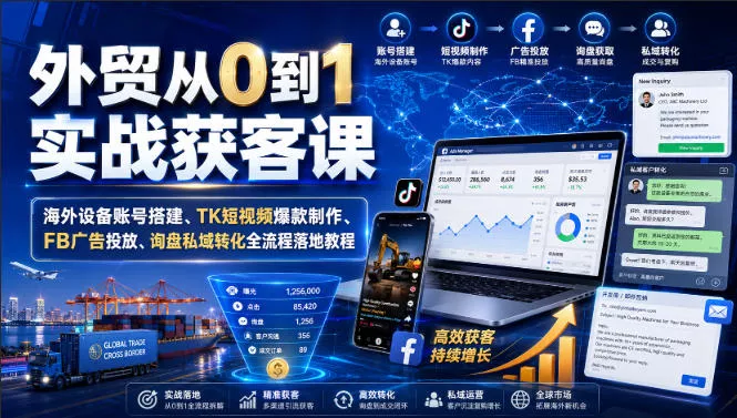 外贸从0到1实战获客课｜海外设备账号搭建、TK短视频爆款制作、FB广告投放、询盘私域转化全流程落地教程 一点学习助手-零基础自学教程-副业项目-兴趣学习-网盘拉新平台-英语启蒙项目资源网