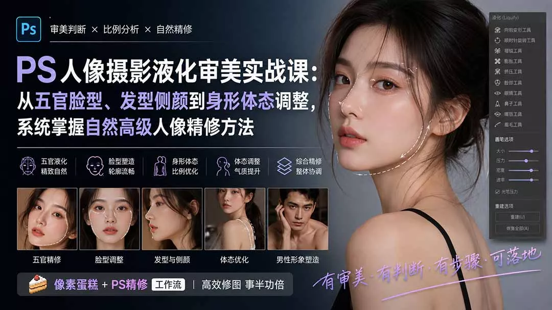 PS人像摄影液化审美实战课：从五官脸型、发型侧颜到身形体态调整，系统掌握自然高级人像精修方法 一点学习助手-零基础自学教程-副业项目-兴趣学习-网盘拉新平台-英语启蒙项目资源网