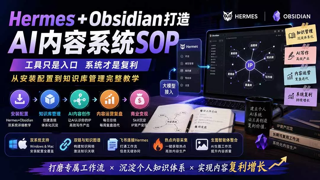Hermes+Obsidian打造AI内容系统SOP；工具只是入口系统才是复利，从安装配置到知识库管理完整教学 一点学习助手-零基础自学教程-副业项目-兴趣学习-网盘拉新平台-英语启蒙项目资源网