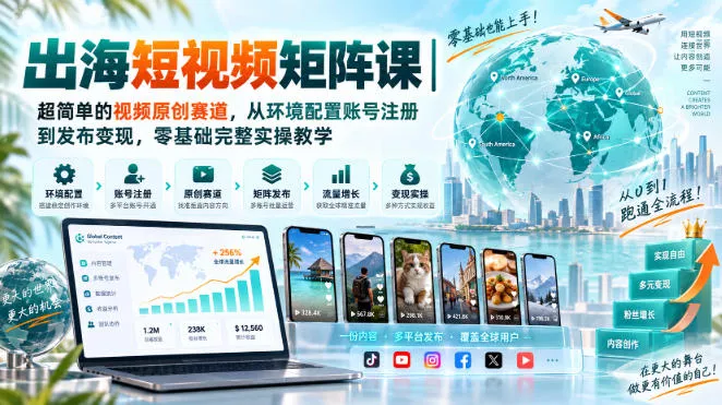 出海短视频矩阵课｜超简单的视频原创赛道，从环境配置账号注册到发布变现，零基础完整实操教学 一点学习助手-零基础自学教程-副业项目-兴趣学习-网盘拉新平台-英语启蒙项目资源网