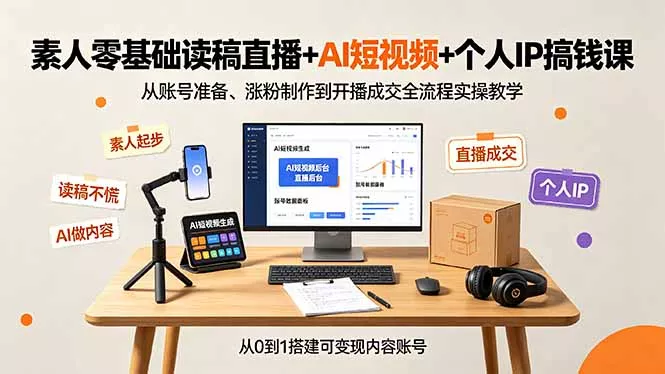 素人零基础读稿直播+AI短视频+个人IP搞钱课，从账号准备、涨粉制作到开播成交全流程实操教学 一点学习助手-零基础自学教程-副业项目-兴趣学习-网盘拉新平台-英语启蒙项目资源网