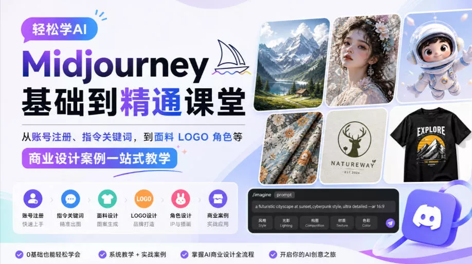 轻松学AI Midjourney基础到精通课堂，从账号注册、指令关键词，到面料LOGO角色等商业设计案例一站式教学 一点学习助手-零基础自学教程-副业项目-兴趣学习-网盘拉新平台-英语启蒙项目资源网