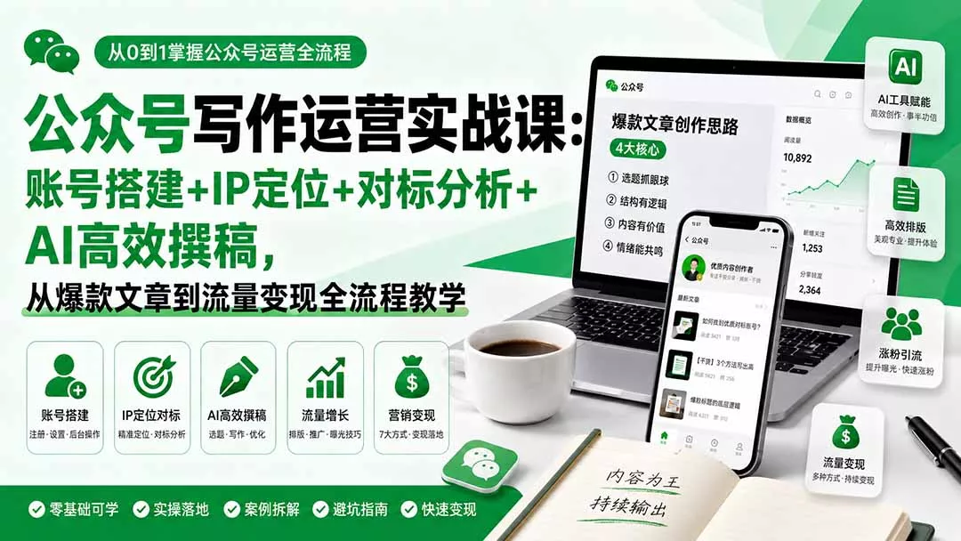 公众号写作运营实战课：账号搭建+IP定位+对标分析+AI高效撰稿，从爆款文章到流量变现全流程教学 一点学习助手-零基础自学教程-副业项目-兴趣学习-网盘拉新平台-英语启蒙项目资源网