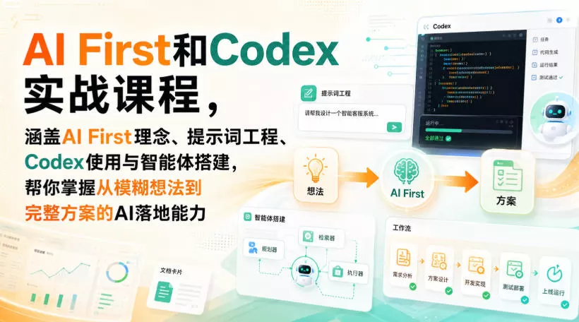 AI First和Codex实战课，涵盖AI First理念、提示词工程、Codex使用与智能体搭建，掌握从模糊想法到完整方案的AI落地能力 一点学习助手-零基础自学教程-副业项目-兴趣学习-网盘拉新平台-英语启蒙项目资源网