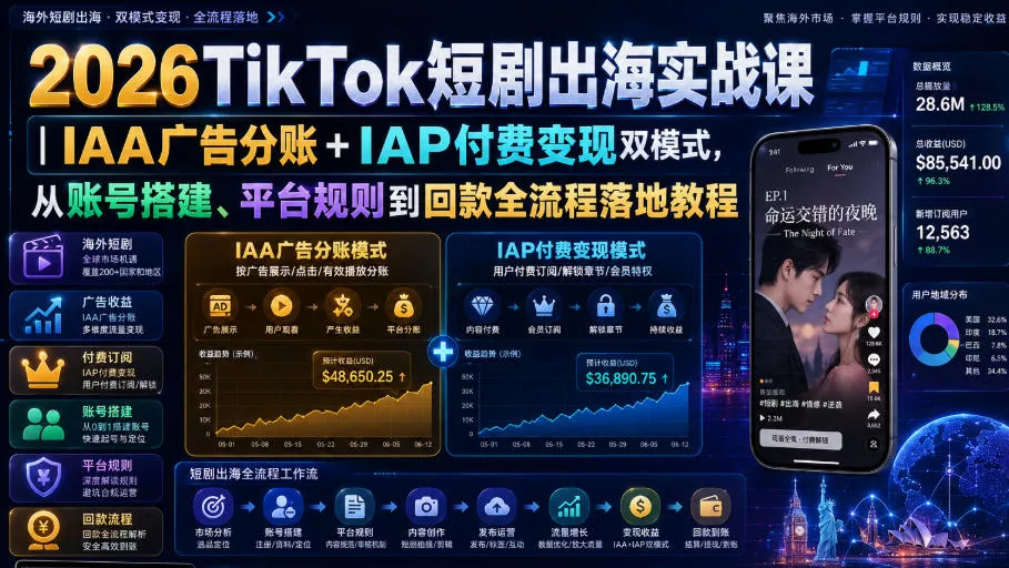 2026TikTok短剧出海实战课｜IAA广告分账+IAP付费变现双模式，从账号搭建、平台规则到回款全流程落地教程 一点学习助手-零基础自学教程-副业项目-兴趣学习-网盘拉新平台-英语启蒙项目资源网