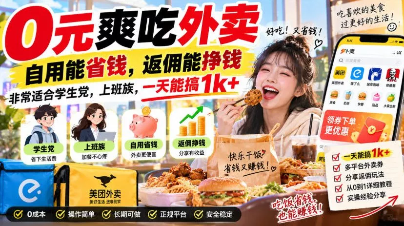 0元爽吃外卖，自用能省钱，返佣能挣钱，非常适合学生党，上班族，一天能搞1k+ 一点学习助手-零基础自学教程-副业项目-兴趣学习-网盘拉新平台-英语启蒙项目资源网