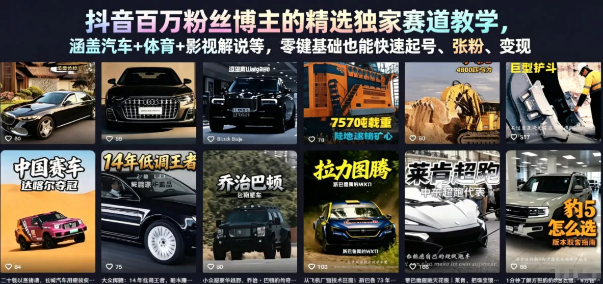 抖音百万粉丝博主的精选独家赛道教学，涵盖汽车+体育+影视解说等，零基础也能快速起号、涨粉、变现(更新0701) 一点学习助手-零基础自学教程-副业项目-兴趣学习-网盘拉新平台-英语启蒙项目资源网