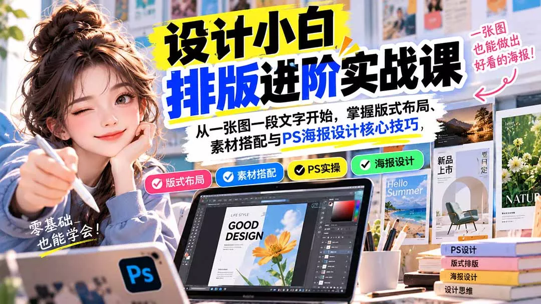 设计小白排版进阶实战课：从一张图一段文字开始，掌握版式布局、素材搭配与PS海报设计核心技巧 一点学习助手-零基础自学教程-副业项目-兴趣学习-网盘拉新平台-英语启蒙项目资源网