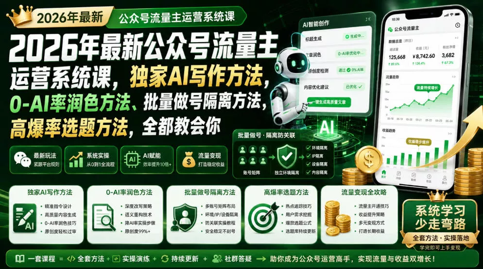 2026年最新公众号流量主运营系统课，独家AI写作方法，0-AI率润色方法、批量做号隔离方法、高爆率选题方法，全都教会你(更新1009) 一点学习助手-零基础自学教程-副业项目-兴趣学习-网盘拉新平台-英语启蒙项目资源网