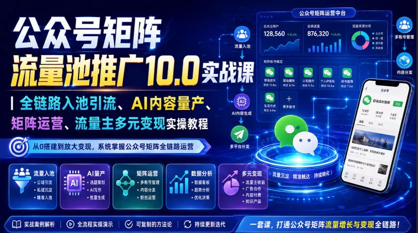 公众号矩阵流量池推广10.0实战课｜全链路入池引流、AI内容量产、矩阵运营、流量主多元变现实操教程 一点学习助手-零基础自学教程-副业项目-兴趣学习-网盘拉新平台-英语启蒙项目资源网