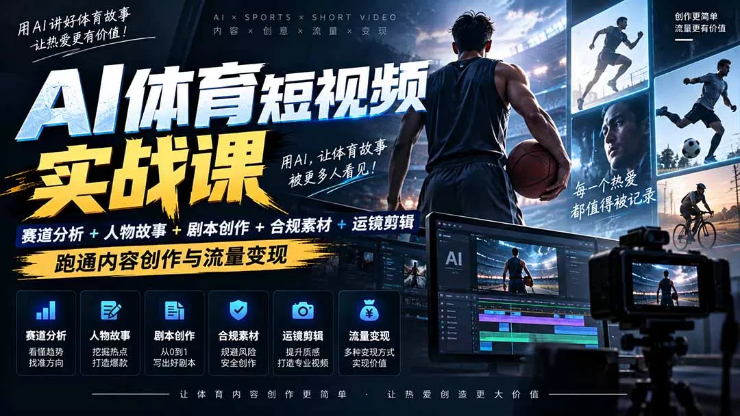 AI体育短视频赛道顶级玩法｜赛道分析+人物故事+剧本创作+版权处理+运镜剪辑，跑通流量变现-日赚1K+ 一点学习助手-零基础自学教程-副业项目-兴趣学习-网盘拉新平台-英语启蒙项目资源网