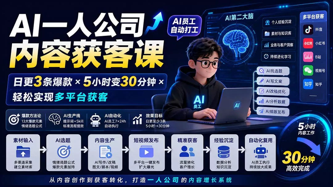 AI一人公司内容获客课-更新8月：日更3条爆款×5小时变30分钟×AI员工自动打工，轻松实现多平台获客 一点学习助手-零基础自学教程-副业项目-兴趣学习-网盘拉新平台-英语启蒙项目资源网