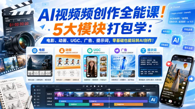 AI视频频创作全能课！5大模块打包学：电影、动画、UGC、广告、提示词，零基础也能玩转AI创作！【原创双语字幕】 一点学习助手-零基础自学教程-副业项目-兴趣学习-网盘拉新平台-英语启蒙项目资源网