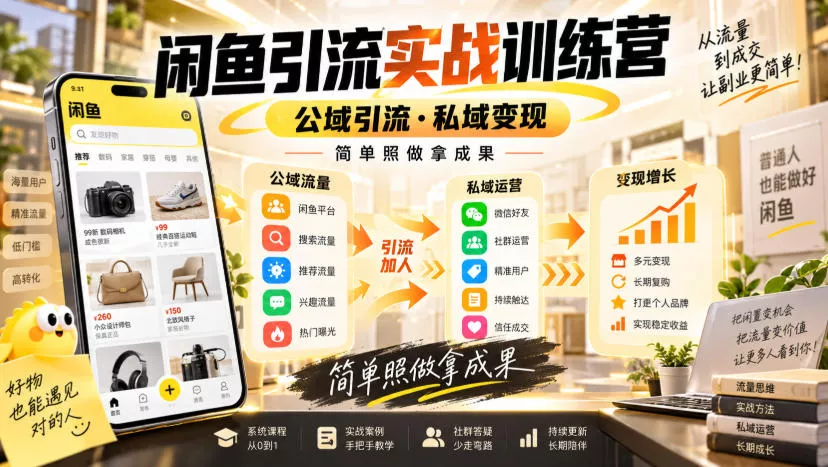 闲鱼引流实战训练营，公域引流·私域变现，简单照做拿成果 一点学习助手-零基础自学教程-副业项目-兴趣学习-网盘拉新平台-英语启蒙项目资源网