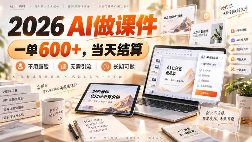 2026 AI做课件，一单600+，当天结算，不用露脸，无需引流，长期可做【揭秘】 一点学习助手-零基础自学教程-副业项目-兴趣学习-网盘拉新平台-英语启蒙项目资源网
