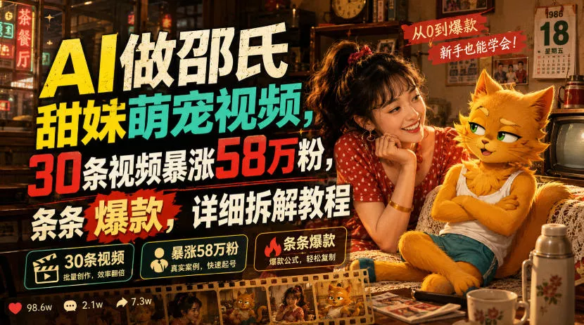 AI做邵氏甜妹萌宠视频，30条视频暴涨58万粉，条条爆款，详细拆解教程 一点学习助手-零基础自学教程-副业项目-兴趣学习-网盘拉新平台-英语启蒙项目资源网