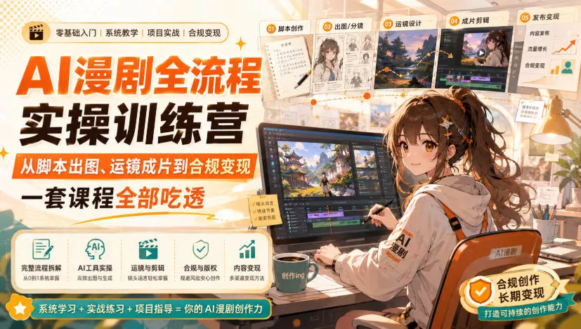 AI漫剧全流程实操训练营，从脚本出图、运镜成片到合规变现，一套课程全部吃透 一点学习助手-零基础自学教程-副业项目-兴趣学习-网盘拉新平台-英语启蒙项目资源网