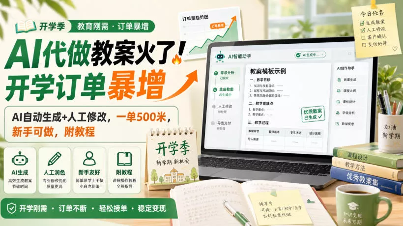 AI代做教案火了！开学订单暴增，AI自动生成+人工修改，一单500米，新手可做，附教程【揭秘】 一点学习助手-零基础自学教程-副业项目-兴趣学习-网盘拉新平台-英语启蒙项目资源网