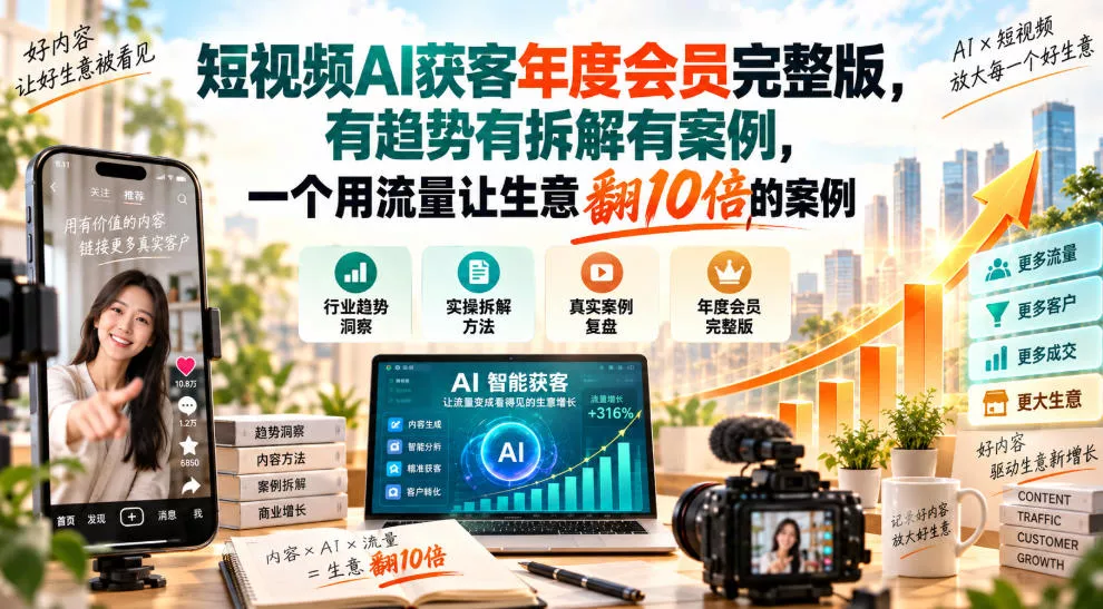 短视频AI获客年度会员完整版，有趋势有拆解有案例，一个用流量让生意翻10倍的案例 一点学习助手-零基础自学教程-副业项目-兴趣学习-网盘拉新平台-英语启蒙项目资源网