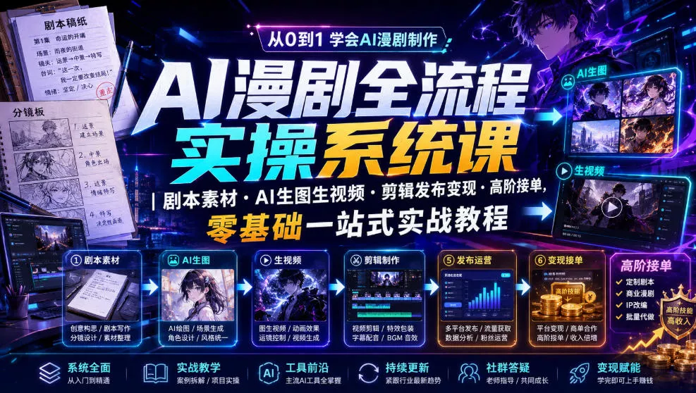 AI漫剧全流程实操系统课｜剧本素材・AI生图生视频・剪辑发布变现・高阶接单，零基础一站式实战教程 一点学习助手-零基础自学教程-副业项目-兴趣学习-网盘拉新平台-英语启蒙项目资源网