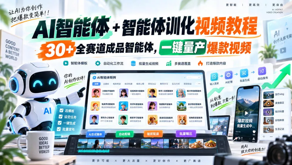 AI智能体+智能体训化视频教程，30+全赛道成品智能体，一键量产爆款视频 一点学习助手-零基础自学教程-副业项目-兴趣学习-网盘拉新平台-英语启蒙项目资源网