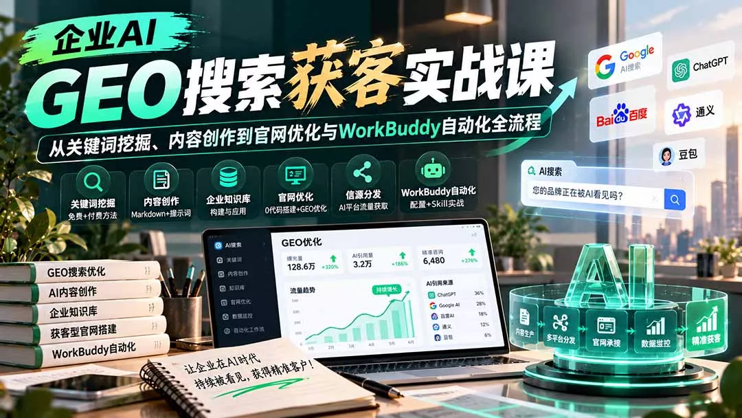 企业AI GEO搜索获客实战课：从关键词挖掘、内容创作到官网优化与WorkBuddy自动化全流程 一点学习助手-零基础自学教程-副业项目-兴趣学习-网盘拉新平台-英语启蒙项目资源网