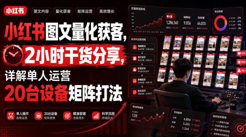 小红书图文量化获客，2小时干货分享，详解单人运营20台设备矩阵打法 一点学习助手-零基础自学教程-副业项目-兴趣学习-网盘拉新平台-英语启蒙项目资源网