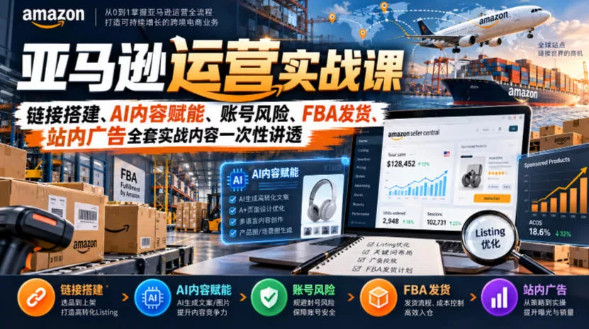 亚马逊运营实战课，链接搭建、AI内容赋能、账号风险、FBA发货、站内广告全套实战内容一次性讲透 一点学习助手-零基础自学教程-副业项目-兴趣学习-网盘拉新平台-英语启蒙项目资源网