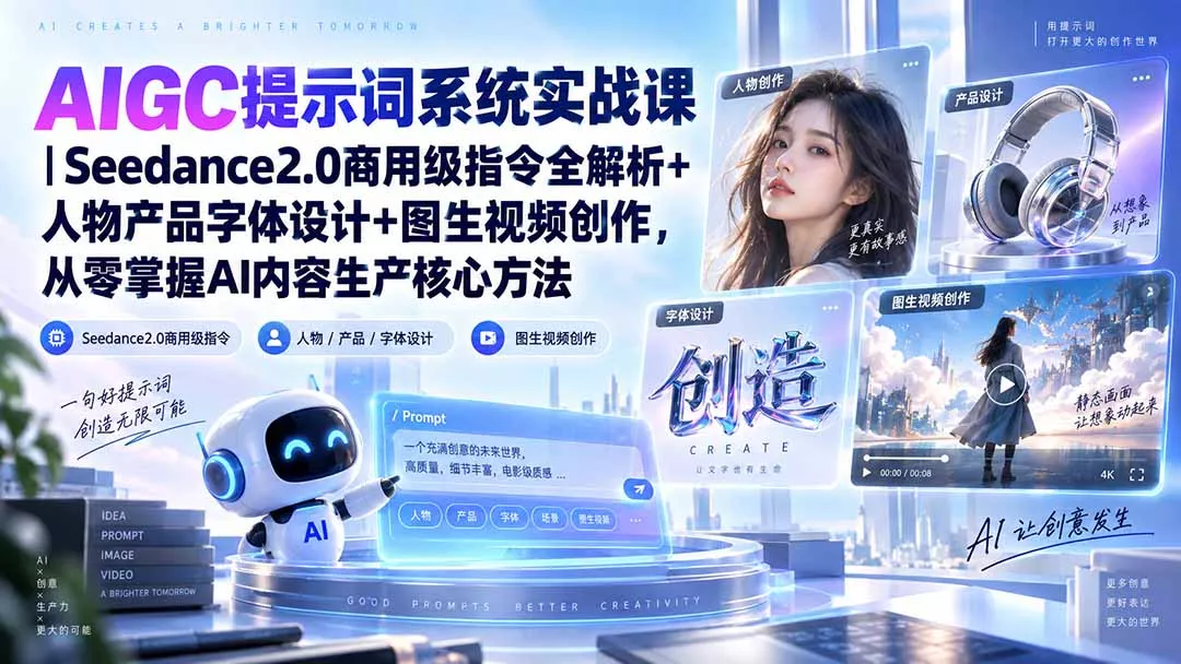 AIGC提示词系统实战课-无水印｜Seedance2.0商用级指令全解析+人物产品字体设计+图生视频创作，掌握AI内容生产方法 一点学习助手-零基础自学教程-副业项目-兴趣学习-网盘拉新平台-英语启蒙项目资源网