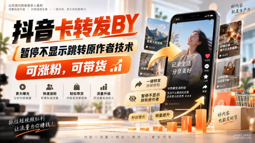 抖音卡转发搬运，暂停不显示跳转原作者技术，可涨粉，可带货 一点学习助手-零基础自学教程-副业项目-兴趣学习-网盘拉新平台-英语启蒙项目资源网