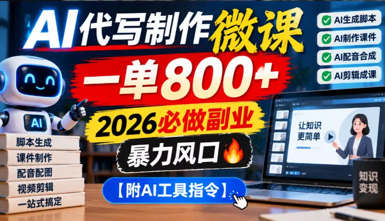 AI代写制作微课，一单800+，2026必做副业，暴力风口【附AI工具指令】【揭秘】 一点学习助手-零基础自学教程-副业项目-兴趣学习-网盘拉新平台-英语启蒙项目资源网