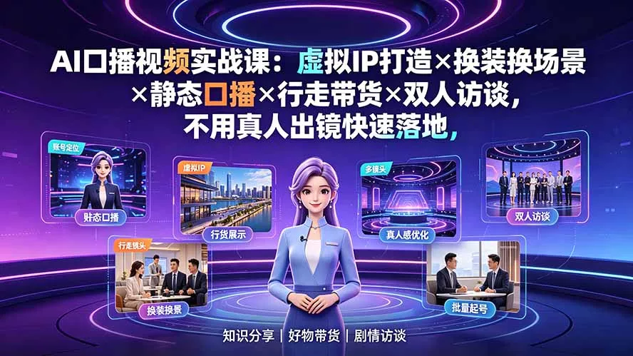 AI口播视频实战课：虚拟IP打造×换装换场景×静态口播×行走带货×双人访谈，不用真人出镜快速落地 一点学习助手-零基础自学教程-副业项目-兴趣学习-网盘拉新平台-英语启蒙项目资源网