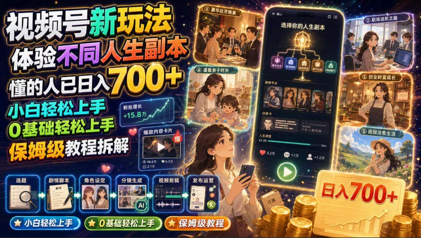 视频号新玩法体验不同人生副本，懂的人已日入700+，小白轻松上手，0基础轻松上手，保姆级教程拆解 一点学习助手-零基础自学教程-副业项目-兴趣学习-网盘拉新平台-英语启蒙项目资源网