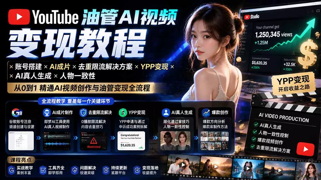YouTube油管AI视频变现教程：账号搭建×AI成片×去重限流解决方案×YPP变现×AI真人生成×人物一致性 一点学习助手-零基础自学教程-副业项目-兴趣学习-网盘拉新平台-英语启蒙项目资源网