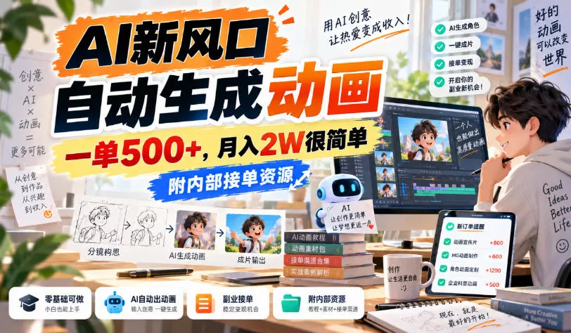 AI新风口，自动生成动画，一单500+，月入2W很简单，附内部接单资源【揭秘】 一点学习助手-零基础自学教程-副业项目-兴趣学习-网盘拉新平台-英语启蒙项目资源网