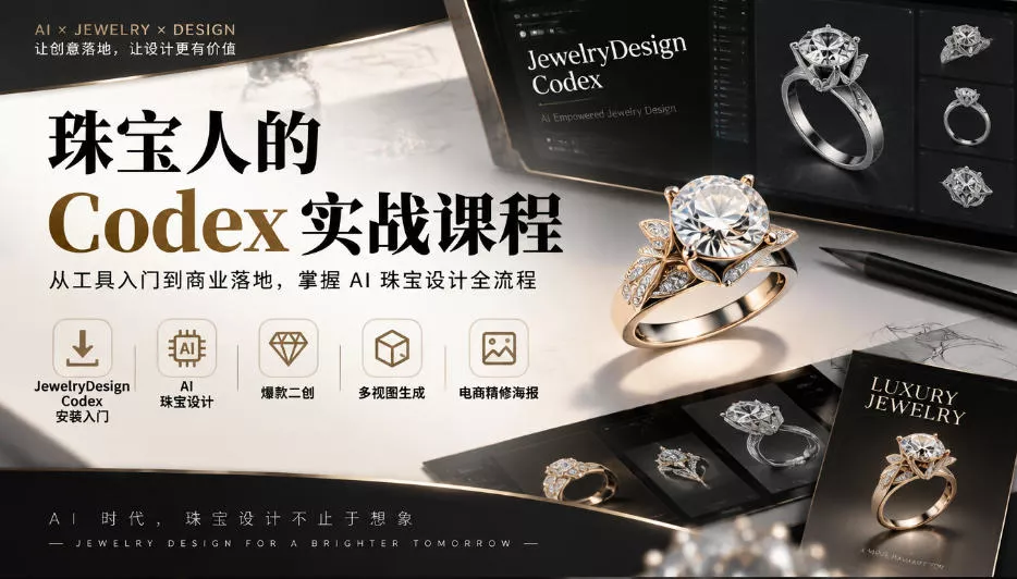 珠宝人的Codex实战课程｜JewelryDesign Codex安装入门、AI珠宝设计、爆款二创、多视图生成、电商精修海报全链路教学 一点学习助手-零基础自学教程-副业项目-兴趣学习-网盘拉新平台-英语启蒙项目资源网