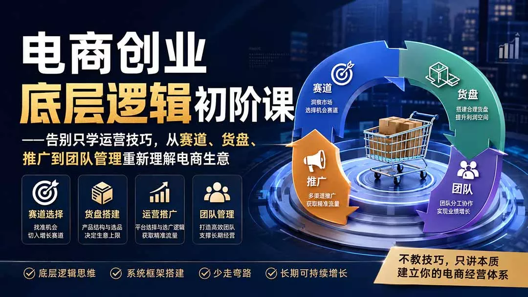 电商创业底层逻辑初阶课——告别只学运营技巧，从赛道、货盘、推广到团队管理重新理解电商生意 一点学习助手-零基础自学教程-副业项目-兴趣学习-网盘拉新平台-英语启蒙项目资源网